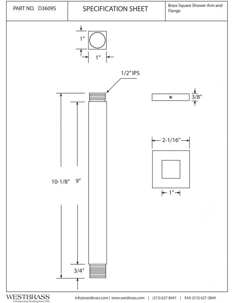 1/2" Ips X 9" Square Ceiling Mounted Arm With Flange In Polished Chrome