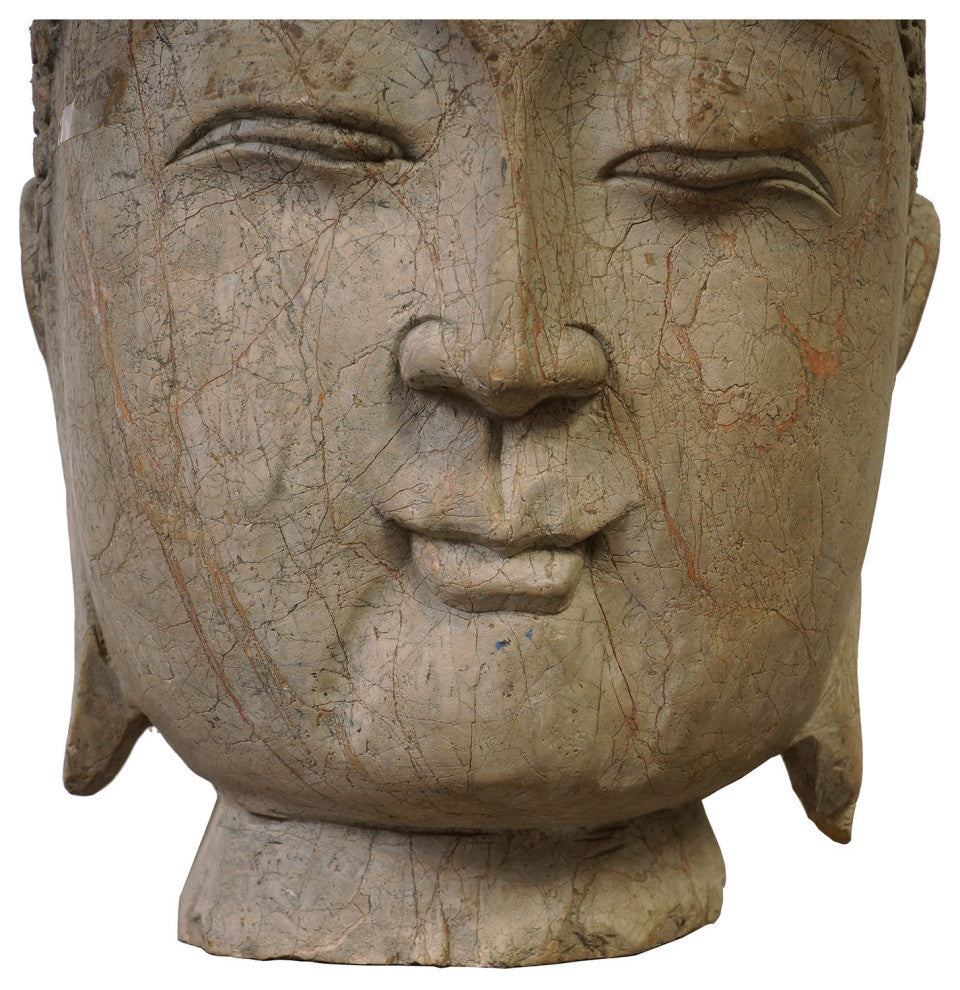Consigned 14" Antique Chinese Carved Stone Buddha Head Statue