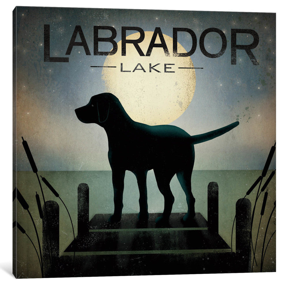 "Moonrise Black Dog Labrador Lake" by Ryan Fowler, 18x18x1.5"
