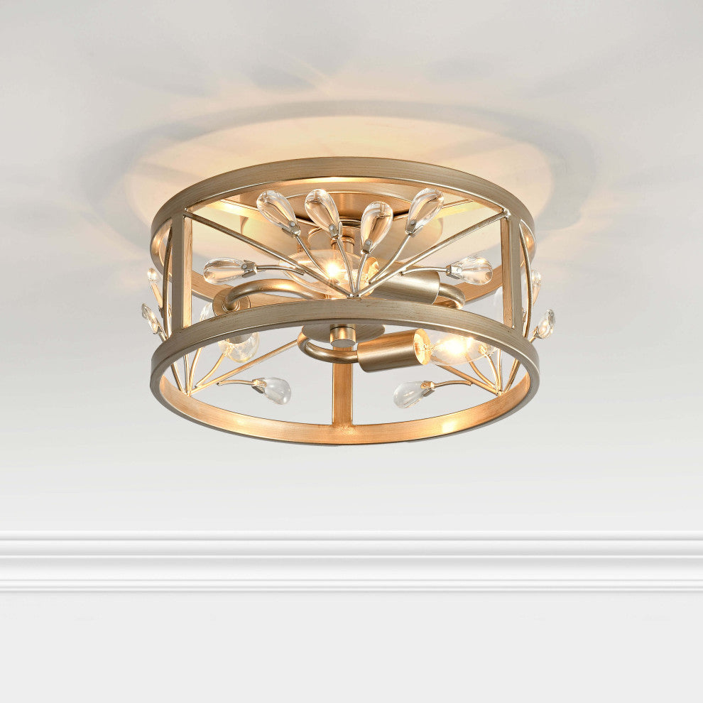 Daisy 3-Light Brushed Champagne Silver Metal Cage Drum Flush Mount