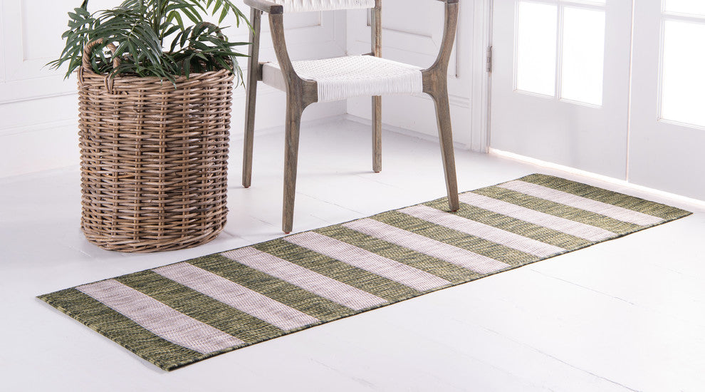 Unique Loom Aqua Blue Striped Outdoor Area Rug, Green, Beige, 2' X 6'