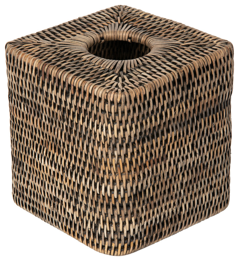 La Jolla Rattan Square Tissue Box Cover, Black-Wash