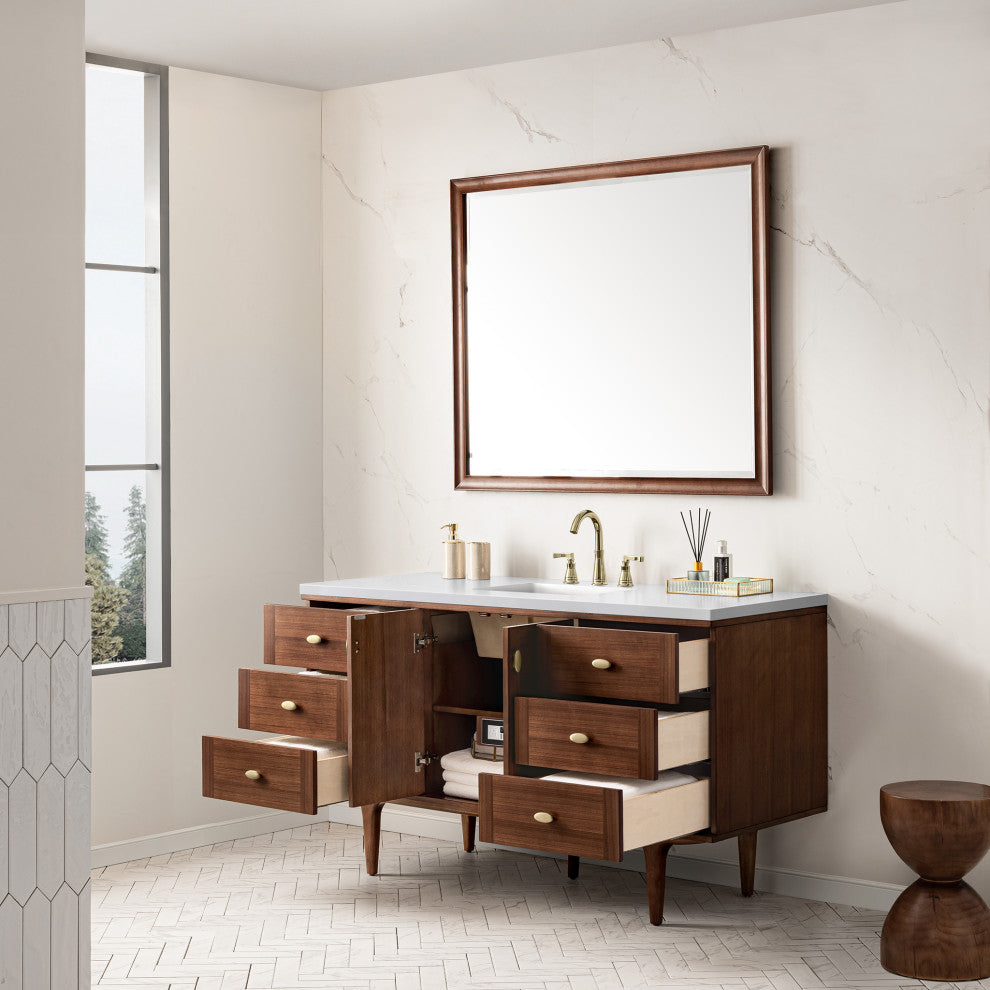 Amberly 30" Single Vanity, Mid-Century Walnut, 72", White Zeus, Three-Hole