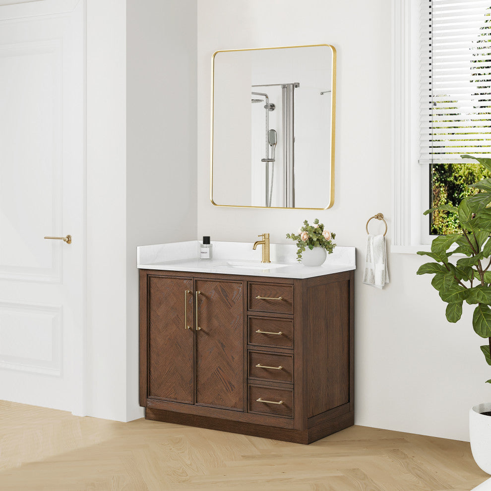 Jakarta Bath Vanity, Quartz Top No Mirror, Dark Brown Oak, 42", Single Vanity