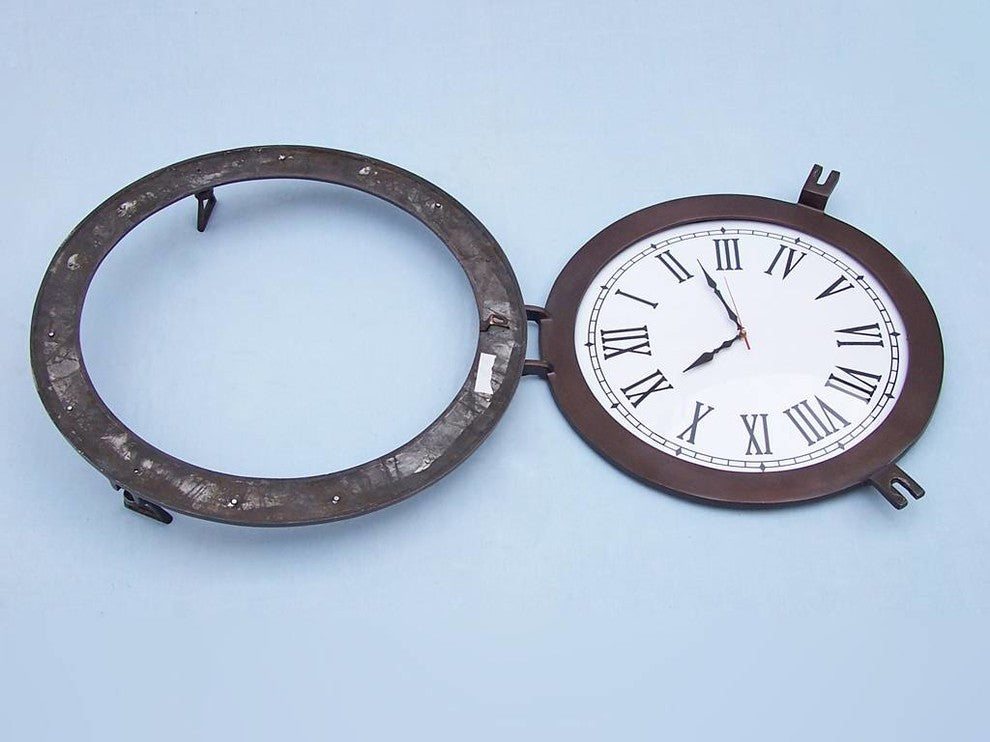 Bronzed Deluxe Class Porthole Clock 24'', Nautical Wall Clock, Beach Decor