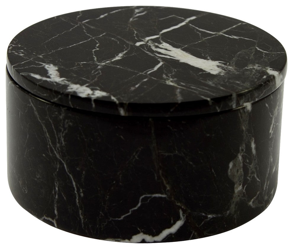 Eirenne Collection Black Zebra Marble 4" Circular Keepsake Box, Black
