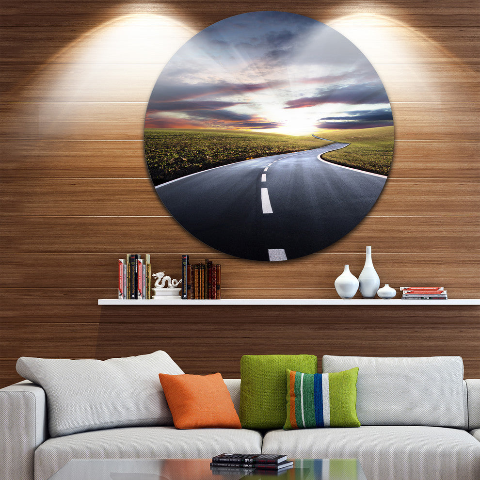 Road To Hills Under Clouds, Landscape Photo Round Wall Art, 38"