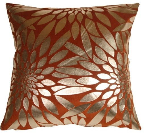 Pillow Decor - Metallic Floral Burnt Orange Square Throw Pillow