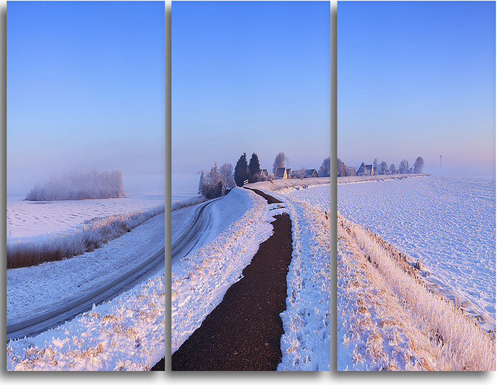 "Lake and Dike at Sunrise Panorama" Metal Wall Art, 3 Panels, 36"x28"
