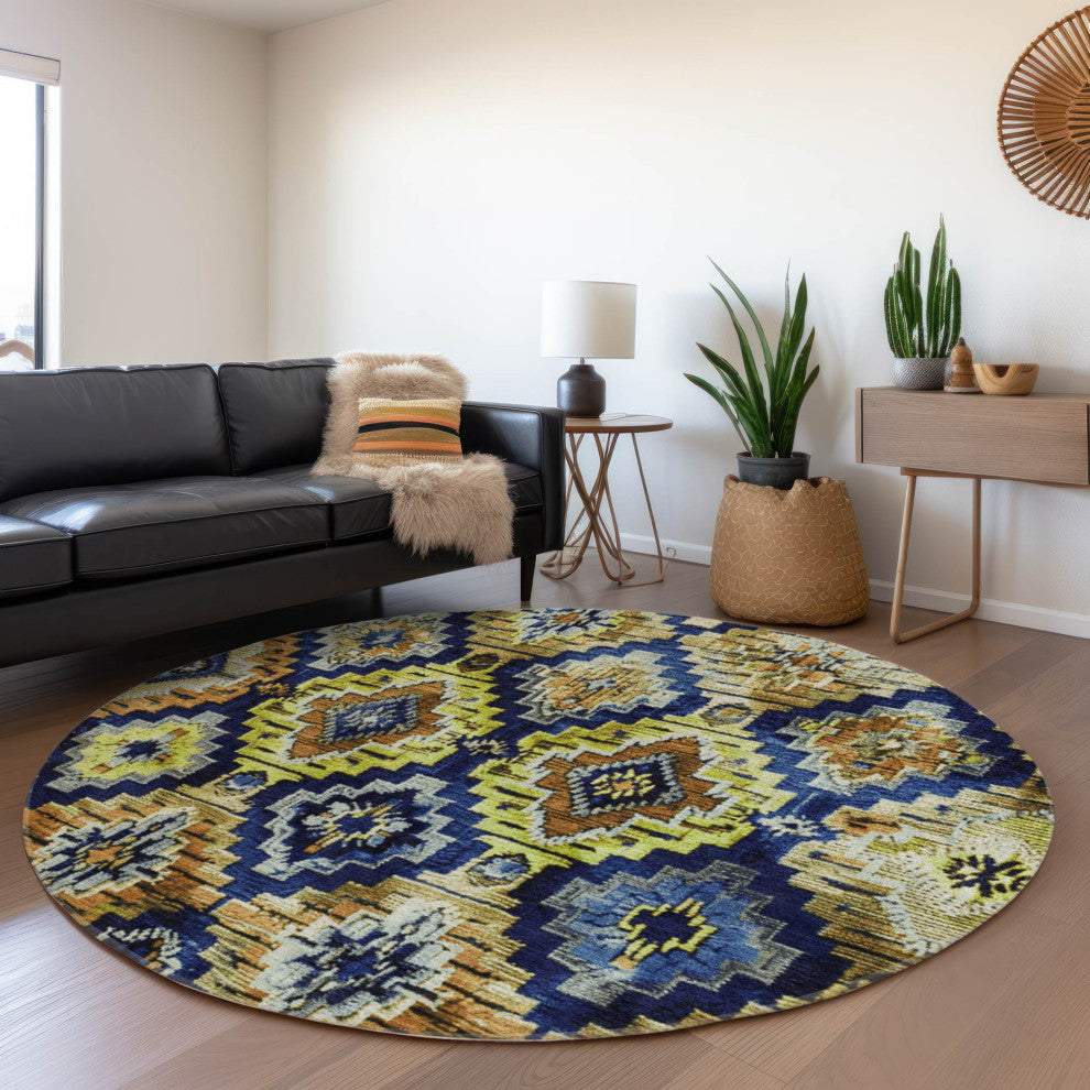 Machine Washable Indoor/Outdoor Chantille ACN1891 Navy 8' x 8' Round Rug
