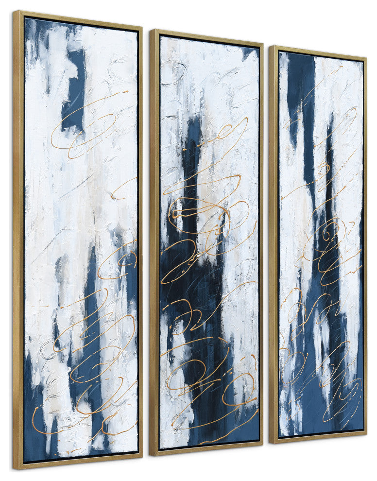 Blue Abstract Triptych Set Textured Metallic Hand Painted Wall Art