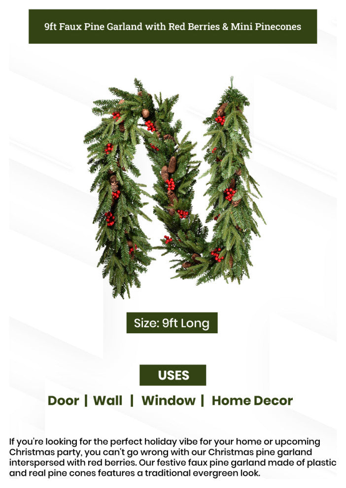 Serene Spaces Living 9ft Faux Pine Garland With Red Berries and Mini Pinecones