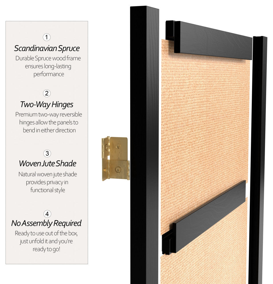 7' Tall Jute Shoji Screen, 4 Panel, Black