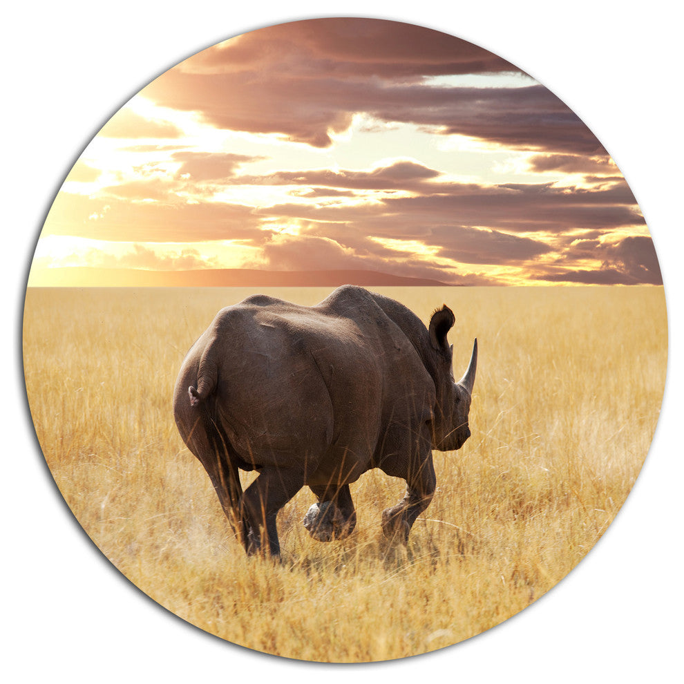 Giant Rhino Under Bright Sky, African Disc Metal Wall Art, 11"