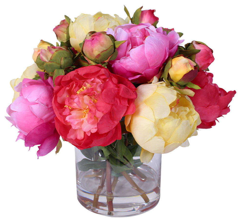 Silk French Peonies Bouquet in Glass Vase With Fake Water