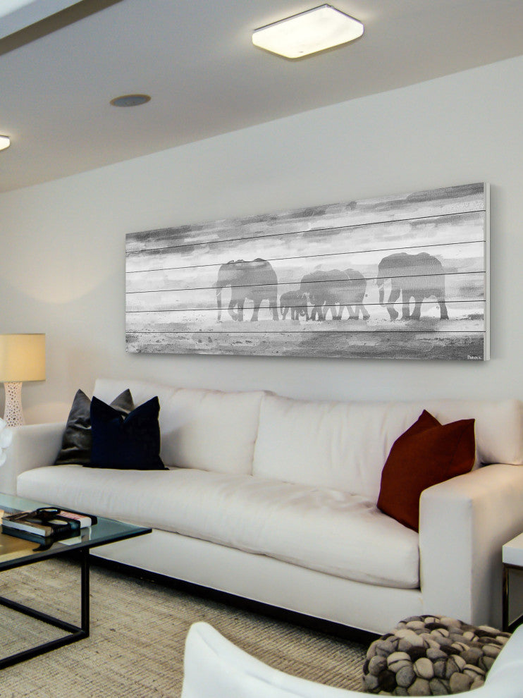 "Parade of Tusks" Painting Print on White Wood, 30"x10"