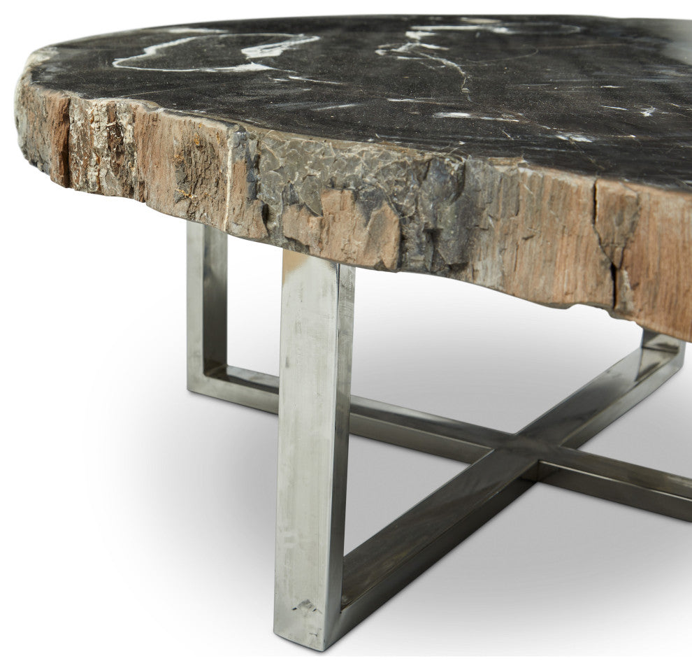 Relique Eliza Coffee Table, Polished Stainless Steel Base, Natural Dark Top