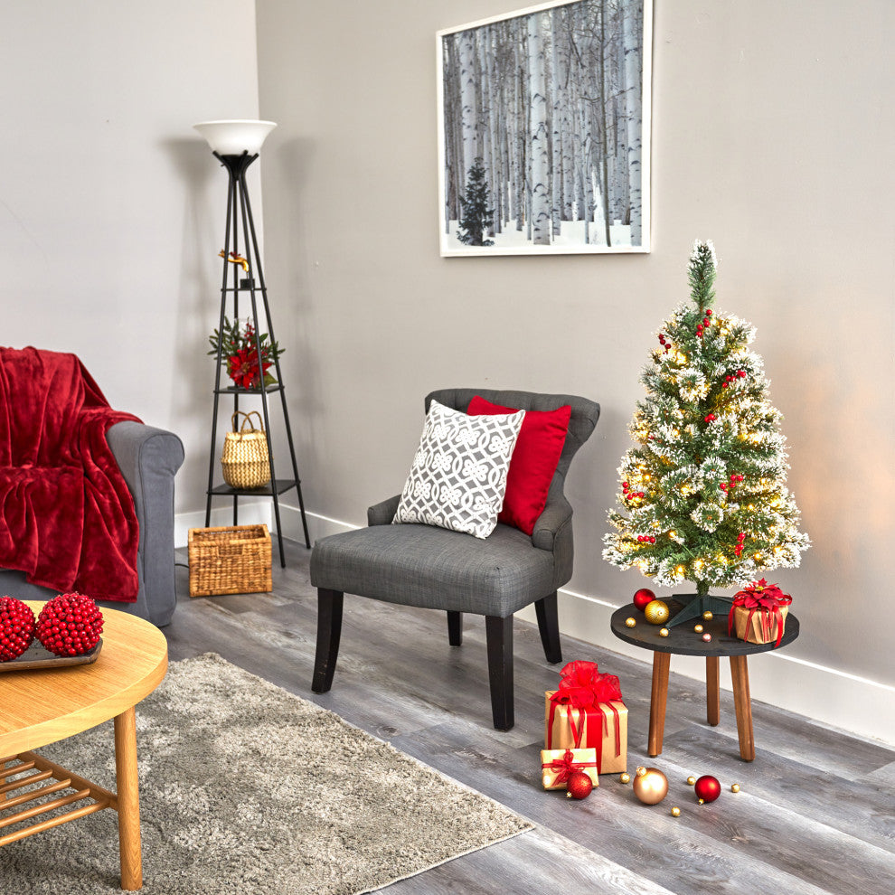 3' Frosted Swiss Pine Faux Christmas Tree With 50 Clear LED Lights and Berries