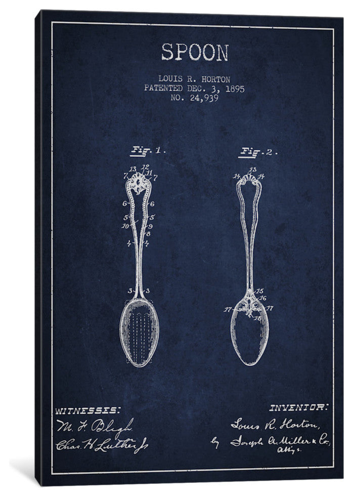 "Spoon Navy Blue Patent Blueprint" by Aged Pixel, 26x18x1.5"