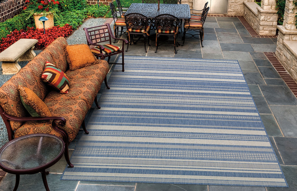 Couristan Recife Gazebo Stripe Outdoor Runner Rug, Champagne-Blue, 2'3"x11'9"