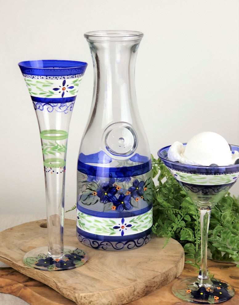 Blue Floral Hollow Flute Glasses, Set of 2