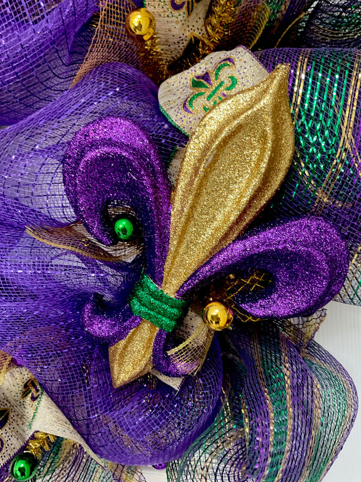 Extra Large Mardi Gras Wreath With Beautiful Mask and  Fleur De Lis 28"