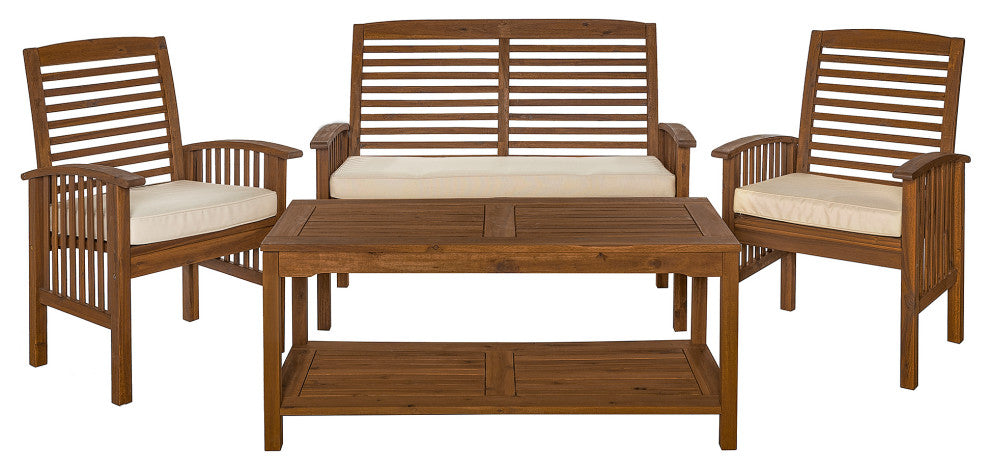 4-Piece Acacia Wood Outdoor Patio Conversation Set with Cushions - Dark Brown