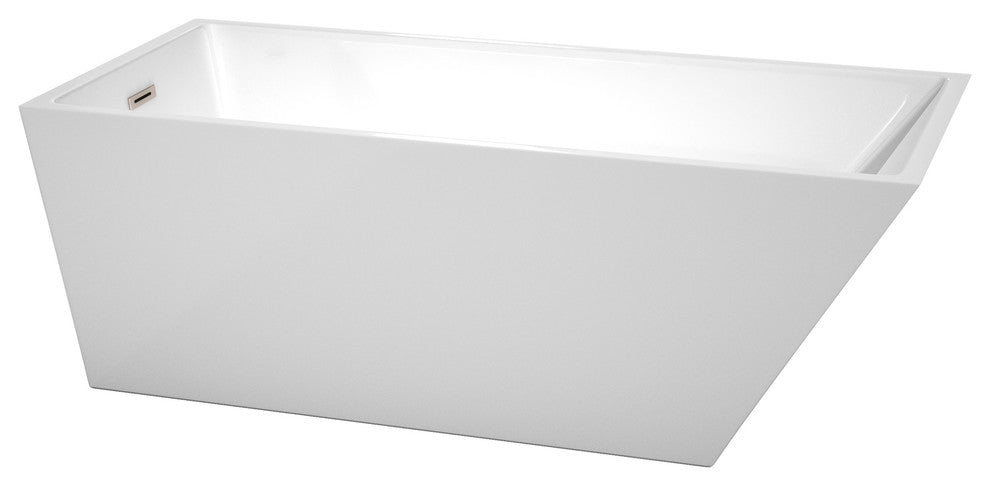 Hannah 67" Freestanding White Bathtub, Brushed Nickel Drain and Overflow Trim