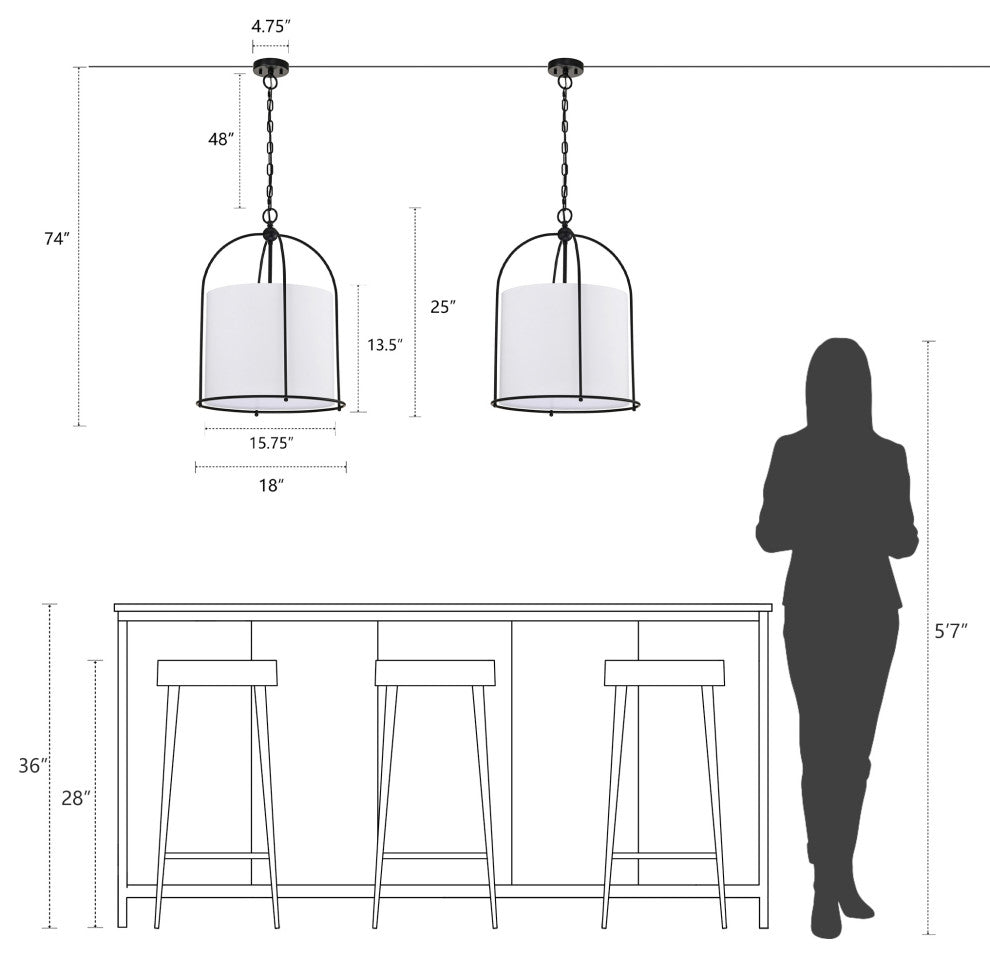 3-Light Matte Black Finish 18 in. Cage Chandelier With White Fabric Shade