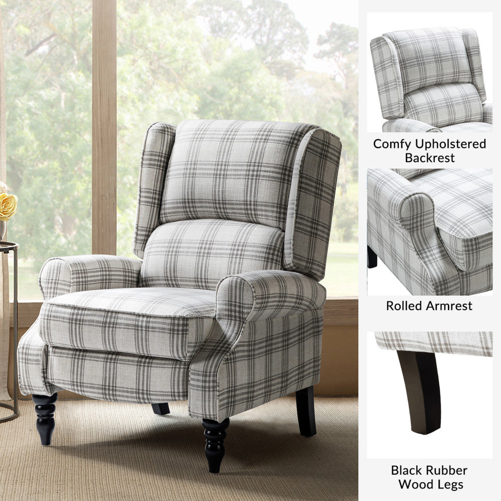 Modern Push-Back Plaid Recliner with Rolled Armrest, Plaid Gray