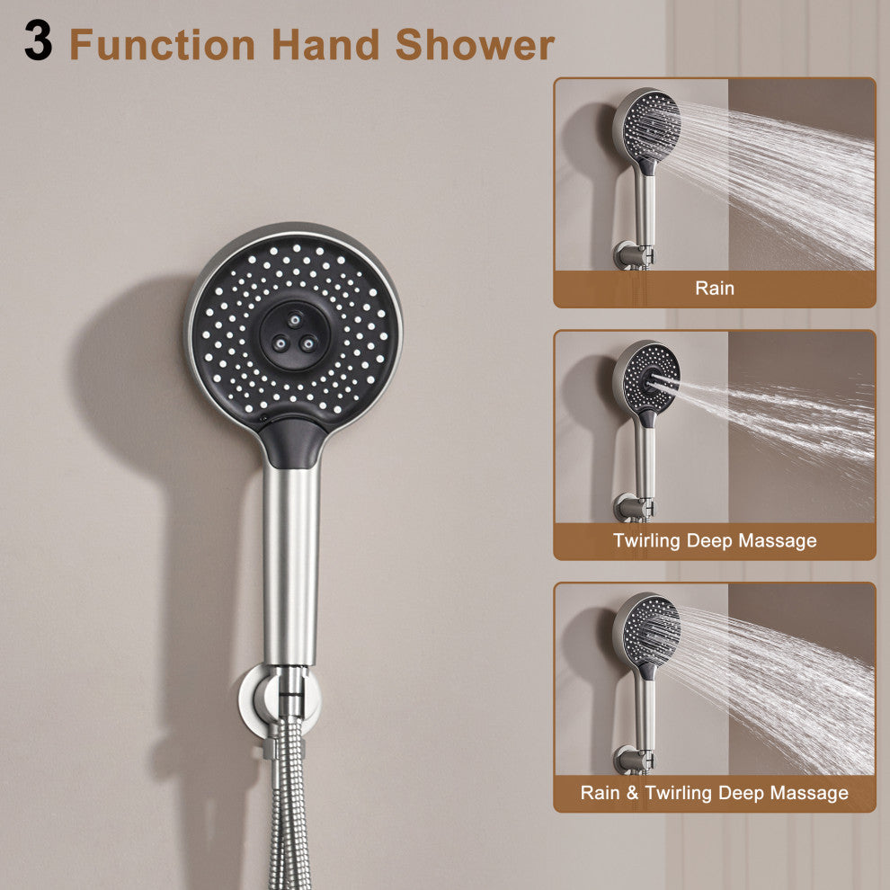 22" Luxury Shower System Set with 3 Way Thermostatic Faucet, Brushed Nickel
