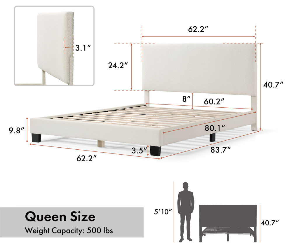 Miles White Boucle Upholstered Wood Frame Platform Bed, Queen, Simple Standard