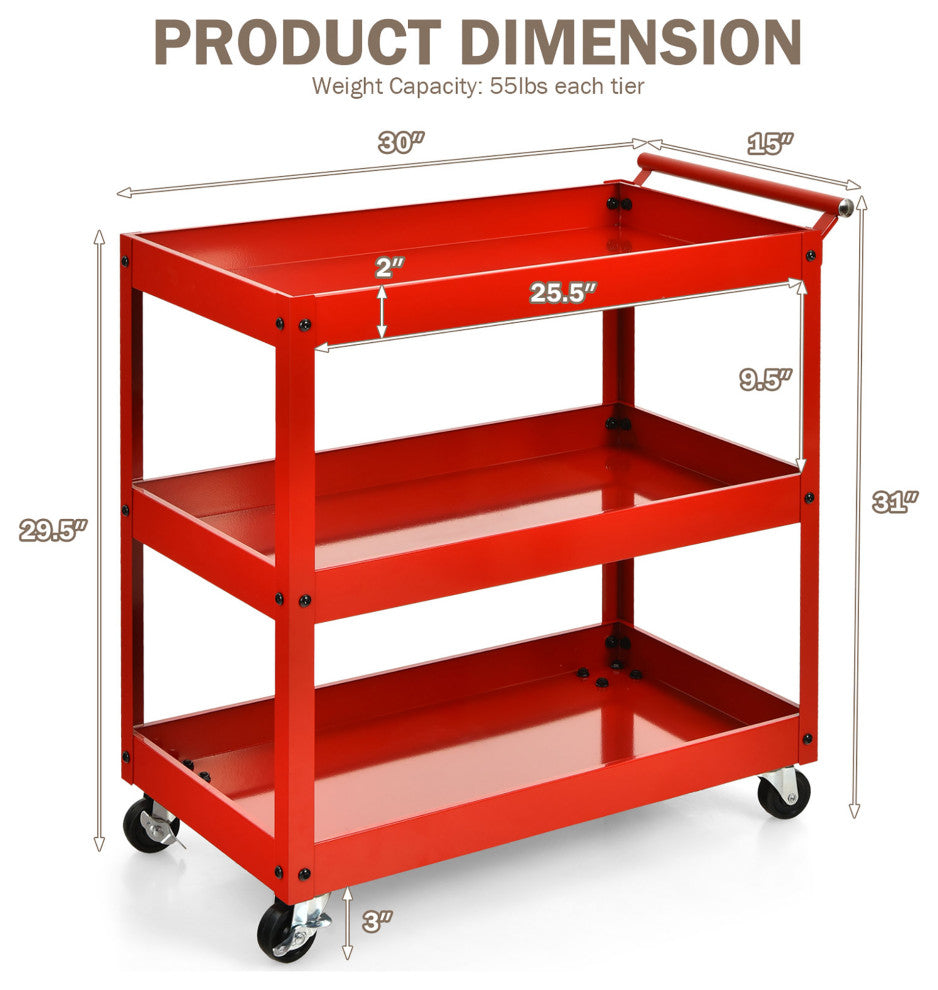 Costway 3-Tier Utility Cart Metal Storage Service Trolley 330lbs Capacity Red