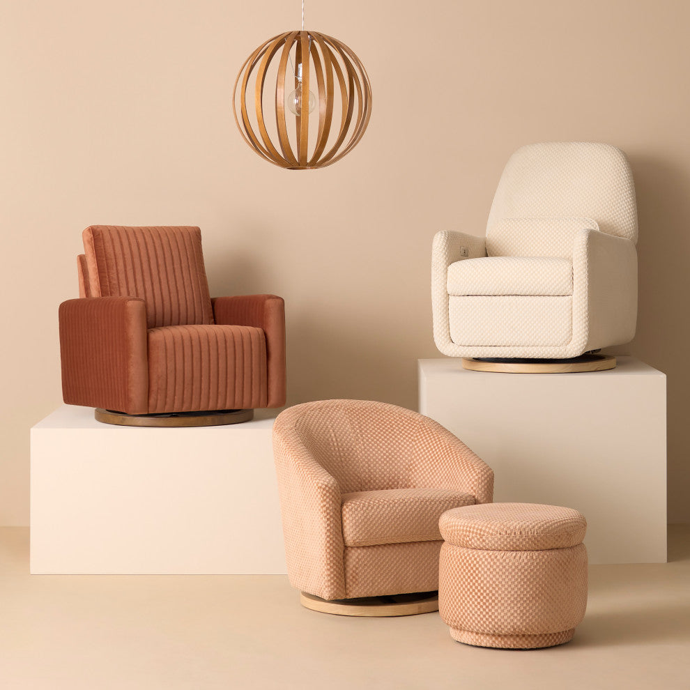 Arc Electronic Recliner/Swivel Glider, Velvet Checker, USB Port, Ivory Velvet Checker With Light Wood Base