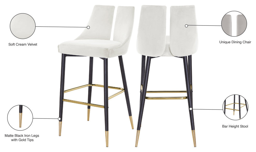 Sleek Velvet Upholstered Bar Stools With Matte Black Metal Legs, Set of 2, Cream