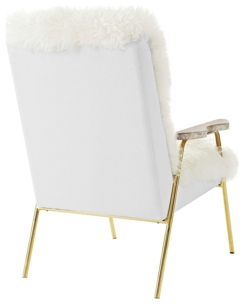 Sheepskin Armchair, Mid Century Modern Fur Accent Chair, Gold Lounge Chair, Whit