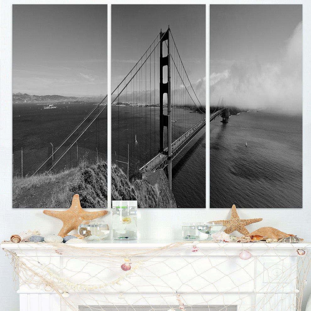 "Golden Gate Bridge in Gray Panorama" Metal Wall Art, 3 Panels, 36"x28"