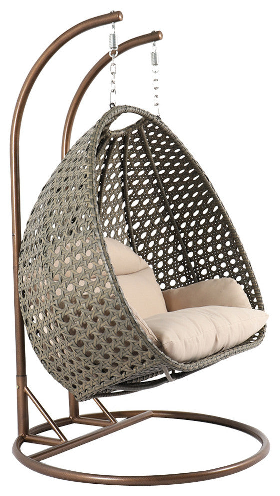 LeisureMod Modern 2 Person Wicker Double Hanging Egg Swing Chair, Beige