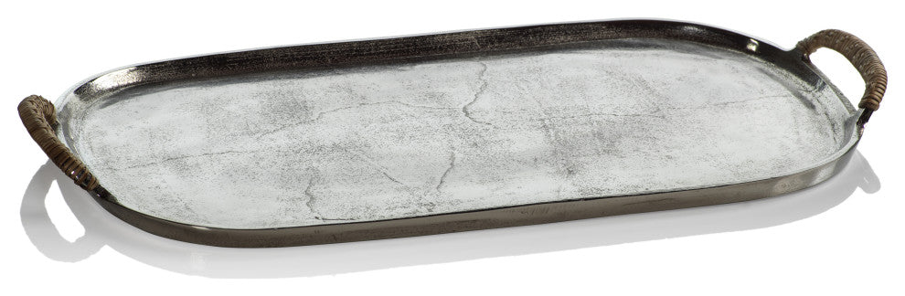 Praslin Raw Aluminum Tray with Cane Wrapped Handles, Large