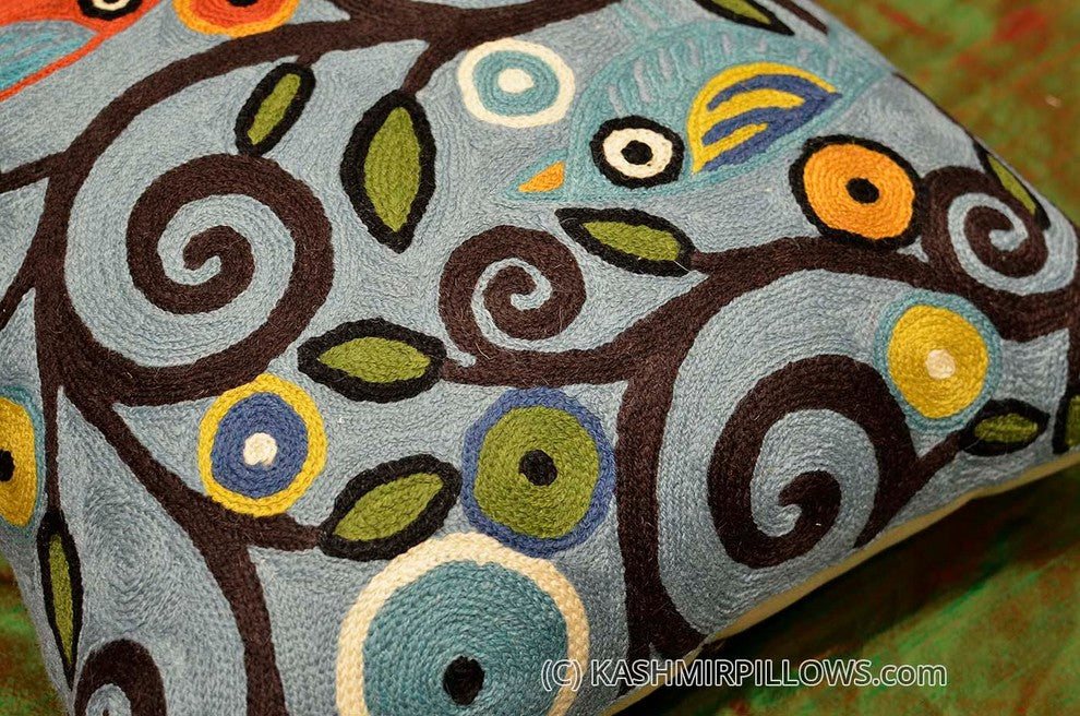 Klimt Blue Birds Tree of Life Wool Throw Pillow Cover Handmade Wool 18x18"