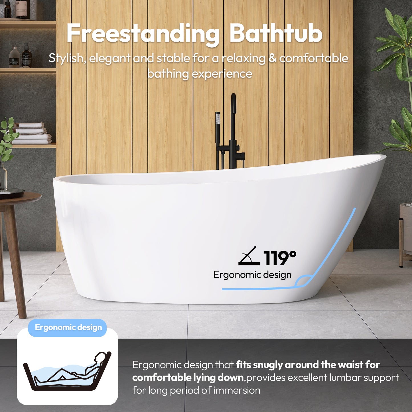 Lahore Freestanding Acrylic Soaking Bathtub, White, 59.1"l X 29.1"w