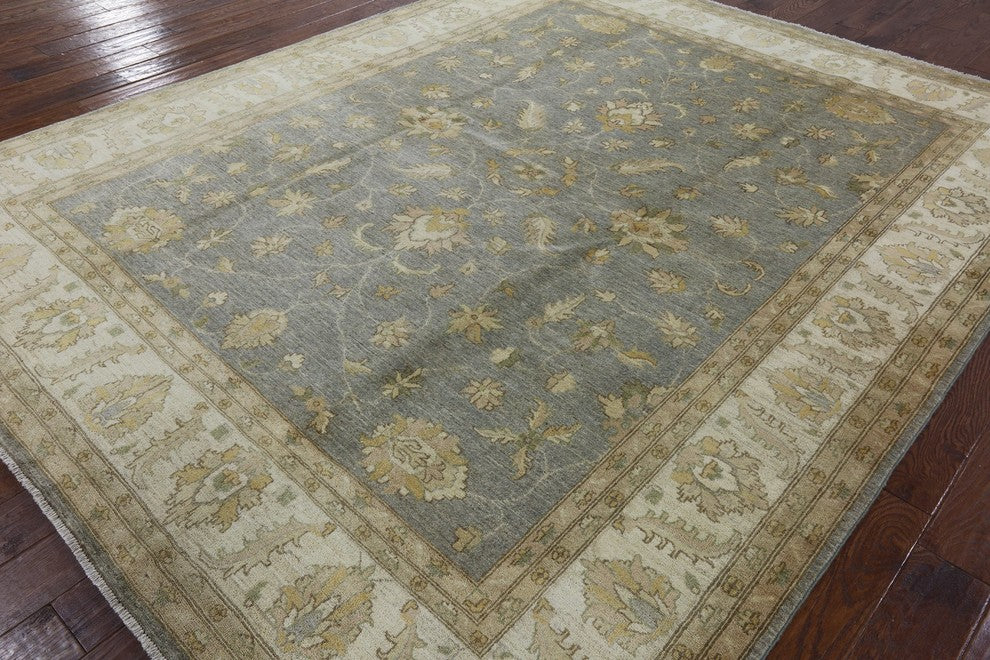 Blue-Gray Oushak Style Chobi Hand-Knotted Wool Oriental Rug, 8'x10'