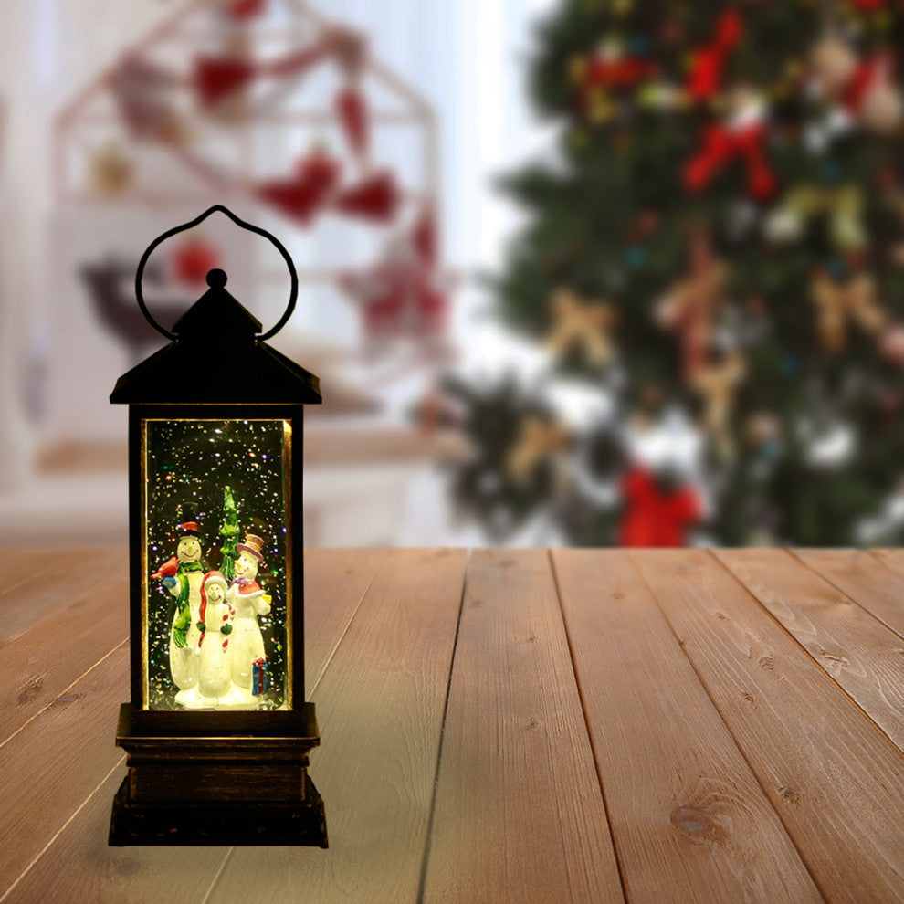 11"H Indoor Lantern Snowman Snow Globe Holiday Decoration with LED Light, Bronze