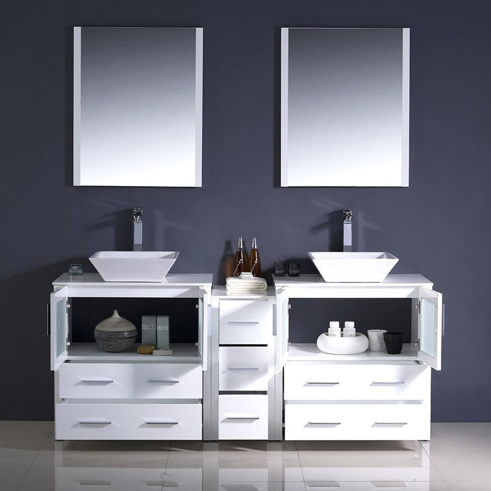 Torino 72" White Modern Double Sink Bathroom Vanity, Faucet FFT3072CH