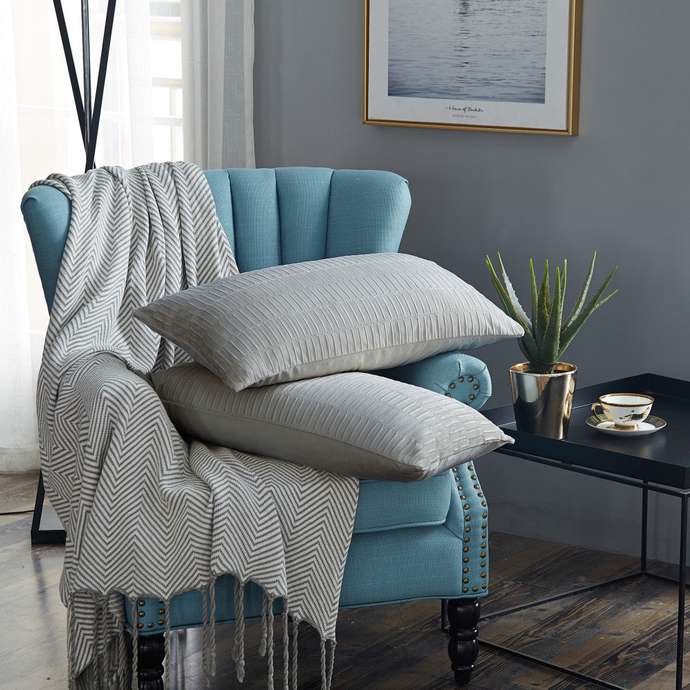 Pleated Velvet Pillow Covers, Set of 2, Silver, 14"x26"