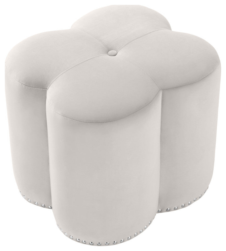 Clover Velvet Upholstered Ottoman, Cream, 19" W x 17" D
