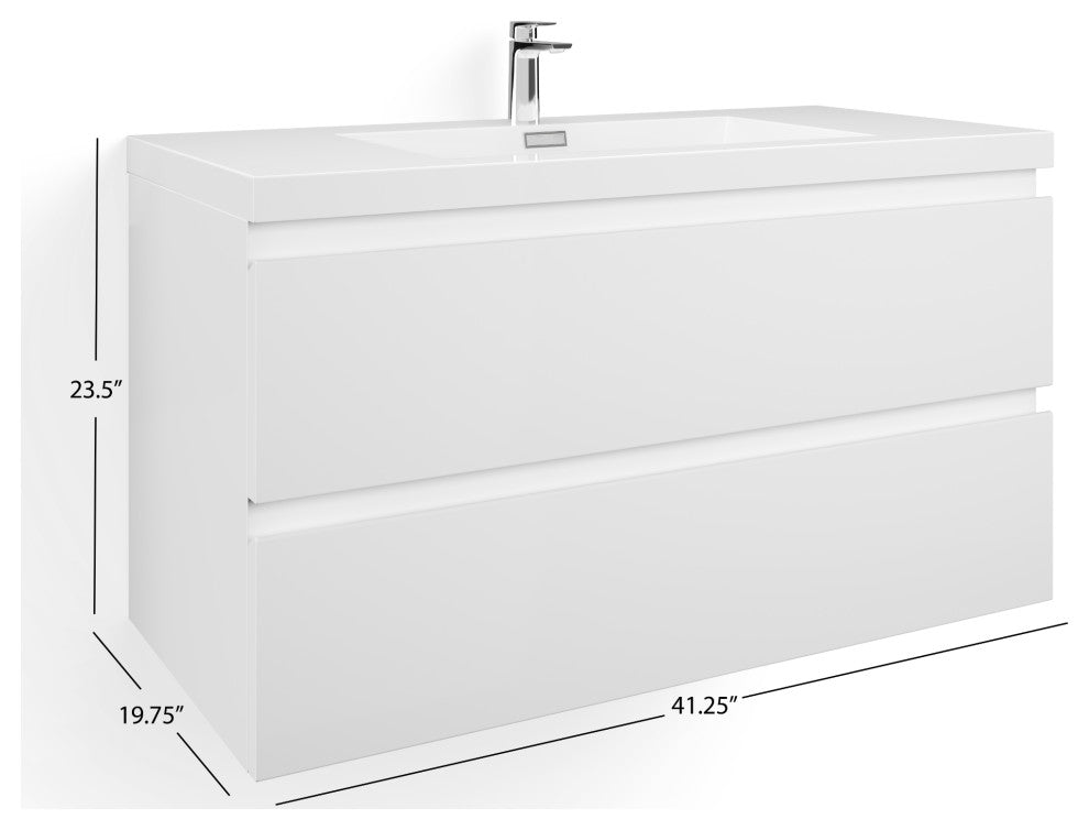Beacon Bath Vanity, High Gloss White, 42", Single Sink, Wall Mount