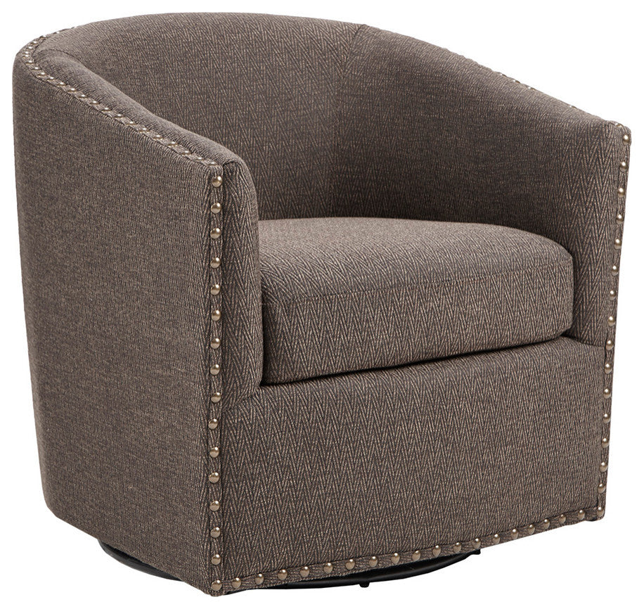 Madison Park Tyler Upholstered Swivel Barrel Chair with Nailheads, Chocolate