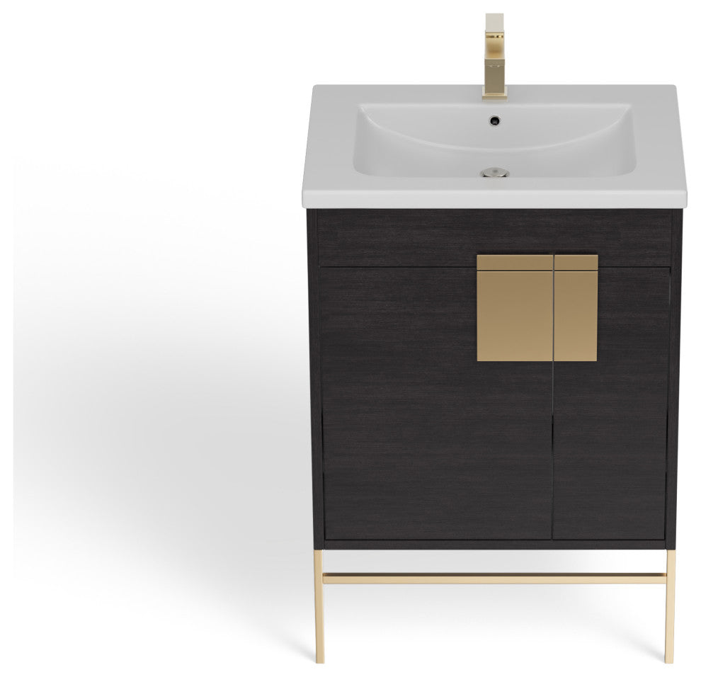 Lockhart Bath Vanity, Black Oak, 24", Satin Brass Hardware, Single Sink, Freestanding