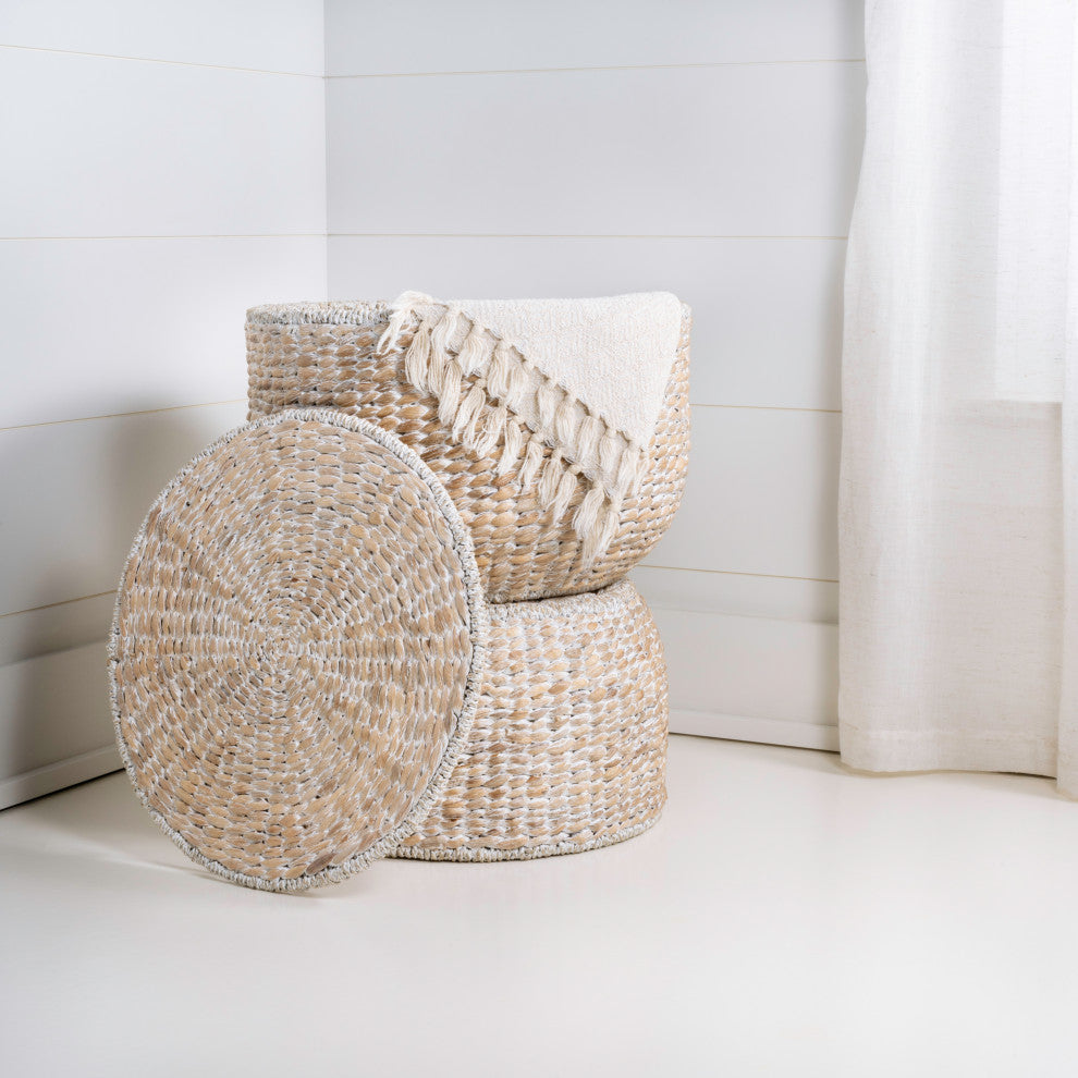 Bhola Hourglass Handwoven Hyacinth Storage Accent Table with Lid, White Wash